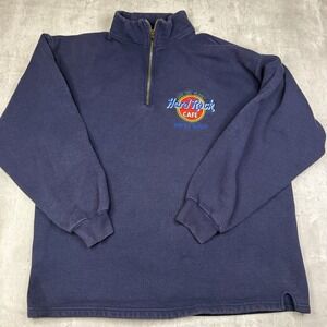 Vintage Hard Rock Cafe 1/4 Zip Sweatshirt Mens Medium Navy Pullover 90s
